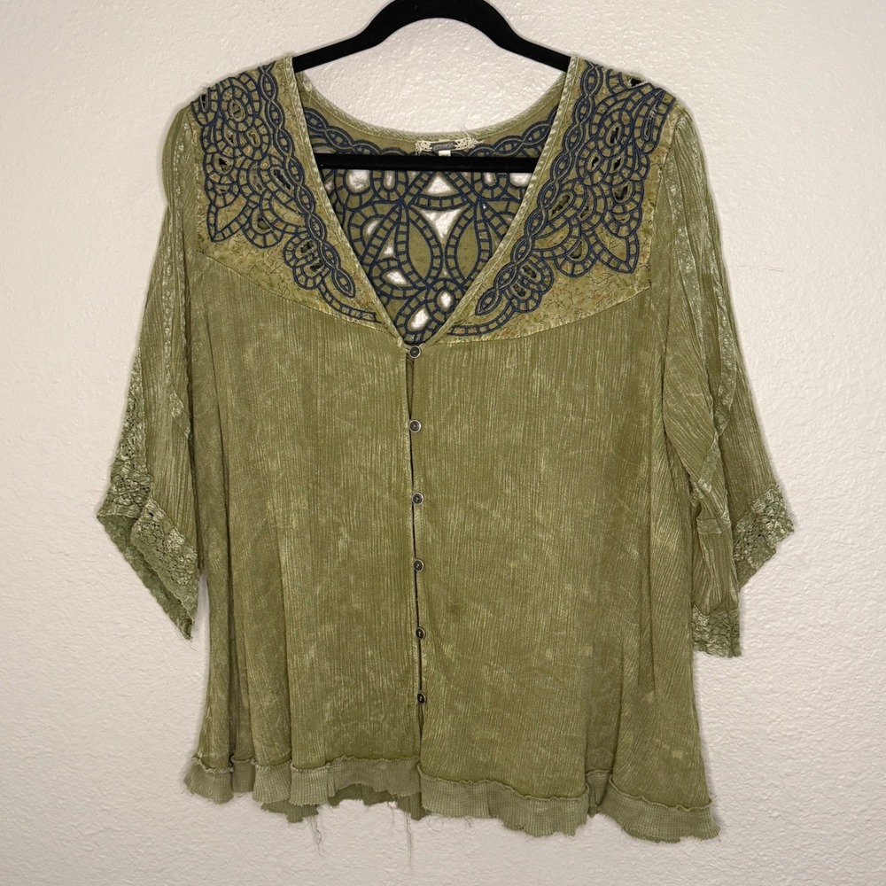 Womens XL Green Boho Fairy Grunge Crochet Lace Top Granola Artsy Indie Festival